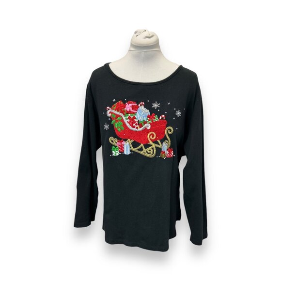 Quacker Factory Womens Christmas 2X Black Santa Sleigh Cozy Cotton Holiday Top - Picture 1 of 8